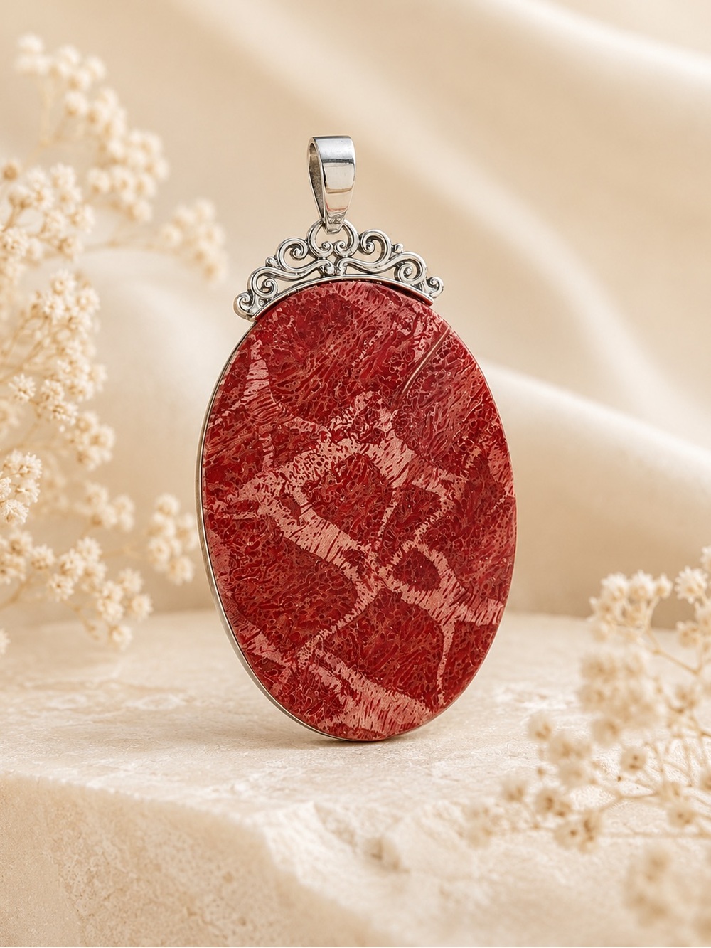 Sponge Coral Solitaire Pendant Sterling Silver Designer Bail Statement Pendant